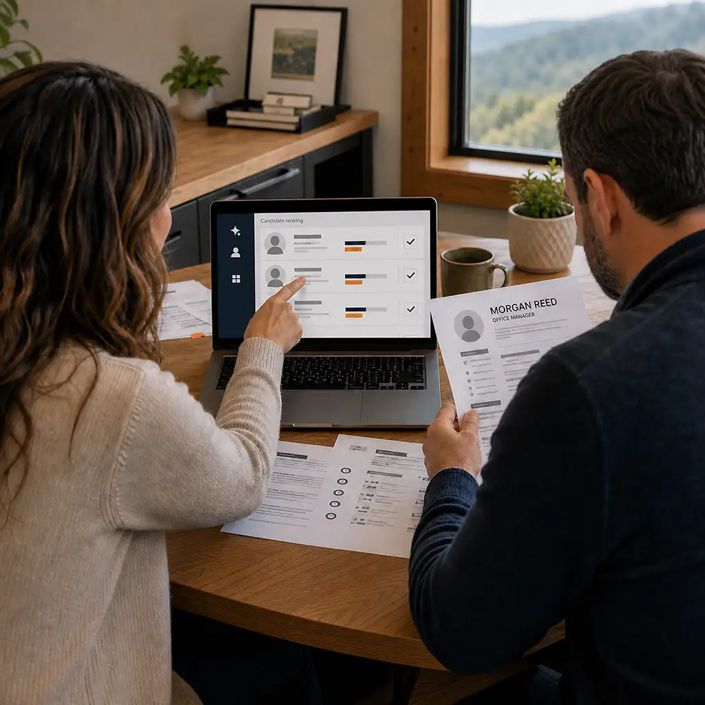 A staffing manager reviewing an AI-assisted candidate recommendation